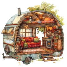 the interior of an old trailer is painted in watercolor and has been converted into a living area