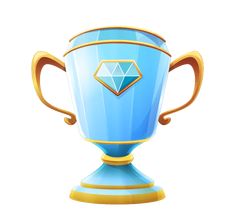 a blue trophy with a diamond on it's side and gold trimmings