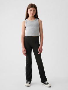 Soft, stretch knit flare leggings.  Elasticized waist.  Certain styles have allover prints.  Easy, pull-on waist.  Slim through the hip and thigh.  Flares at the ankle. Flared Leggings, Cotton Leggings, Gap Kids, Flare Leggings, Gap, Organic Cotton, Lost, Leggings, Knitting