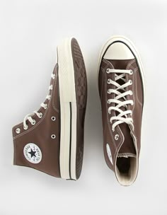 CONVERSE Chuck 70 Canvas High Top Shoes - BROWN | Tillys Brown Shoe Aesthetic, Chte Shoes, Brown Hightop Converse, Brown Shoes Womens Outfit, Dark Brown Converse, Light Brown Converse, Brown And White Shoes, Brown Converse High Tops, Brown Converse Outfit