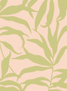 a green leafy pattern is shown on a light pink wallpaper with white trim