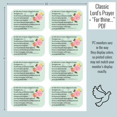 the printable instructions for how to make a prayer book with flowers on it and an image of a dove