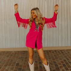 Pink Fringe Rodeo Blazer Dress Hot Pink Cowgirl Outfit, Hot Pink Western Outfit, Glam Cowgirl Outfit, Nfr Outfits For Vegas Cowgirl Fashion, Black Blazer Style, Fringe Blazer, Nfr Outfits, Hot Pink Romper, Vegas Outfits