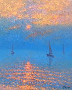 painting of sailboats in the ocean at sunset