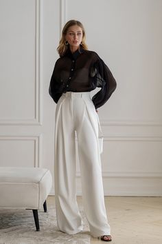 Fabric: crepe Cotton 65%, Polyester 35% High rise Palazzo style pants Pants length: 115 cm/ 45.27 in Pants inseam length: 85 cm/ 33.46 in Classy Lady Outfits, Elegant Trousers, Lady Outfits, Palazzo Style, Classy Lady, Sequin Shirt, Wear Store, Contemporary Luxury, Puff Sleeve Dresses