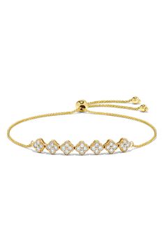 Sparkling diamonds illuminate dainty clovers on a glamorous slider bracelet crafted from polished 14-karat yellow gold. Adjustable slide closure Total diamond weight: 0.59ct. Color: G–H Clarity: SI1 14k gold/diamond Imported Diamond Guide Slider Bracelet, Diamond Guide, Bracelet Crafts, G H, Sparkle Diamonds, Womens Jewelry Bracelets, Sliders, Nordstrom Rack, Gold Diamond