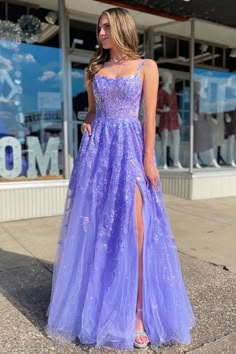 Look stunning in this romantic Lavender Tulle Sequin Scoop Neck A-Line Long Dress with Slit. This glamorous gown showcases a beautiful scoop neckline, open back, delicate lace appliques, and a dramatic side slit. Perfect for prom, special occasions, or any night you want to shine!#prom#promdresses#promgown#formaldress#formaloutfit#seniorpromdress#promgown#blacktieeventdresses#graduationdress A Line Long Dress, Prom Dress Inspo, Purple Prom, Prom Dress Ideas, Lace Formal Dress, Evening Dress Fashion, Cute Prom Dresses, Pretty Prom Dresses, Grad Dresses