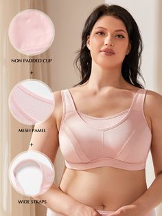 Product Details: 100% Nylon Imported Hook and Eye closure Design for full figure women with B-G cup size, suit for medium or high impact sports.Full coverage sports bra, offer high support and reduce bounce when working out. Wireless cups with no padding, breathable material gives you maximum comfort.bras for women wirefree have High performing moisture wicking fabrics to keep you cool. High Impact Sports Bra used Adjustable shoulder straps not only effectively prevent the bra from shifting, but also beautify your back curve. Lightweight mesh panel provides cooling ventilation and more coverage.Plus size bras suitable for running, gym workout, yoga, pilates, or daily activewear. Extra plush and adjustable hook & eye closure for superior comfort and custom feeling fit. Size options: For ful Bras Pink, Plus Size Bras, Plus Size Sports Bras, Closure Design, High Impact Sports Bra, Full Coverage Bra, Workout Yoga, Pink Bra, Full Figured