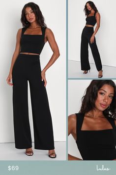 With a chic blazer, leather jacket, or coat, there's no end to how you could style the Lulus Enticing Endeavors Black Two-Piece Jumpsuit! This sleeveless jumpsuit is made from stretchy crepe knit with a square neckline and a princess-seamed seamed bodice. The matching bottoms feature a high, banded waist that tops classic, wide pant legs that fall to ankle-length hems. Hidden back zipper. Fit: This garment fits true to size. Length: Floor length. Size medium Inseam: 32.50 Front Rise: 12.25 Bust: Chic Black Pantsuit For Party, Chic Tailored Fall Pantsuit, Solid Pantsuit For Night Out In Spring, Spring Pantsuit For Night Out, Solid Pantsuit For Spring Night Out, Solid Color Pantsuit For Night Out In Spring, Chic Evening Pantsuit For Fall, Trendy Fitted Pantsuit For Parties, Chic Solid Color Party Pantsuit