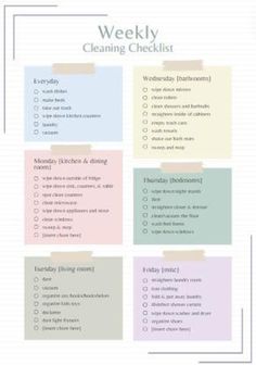 a cleaning checklist is shown with the words'weekly cleaning checklist'on it