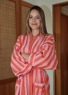 Confidently hit the pool, bath, or beach in this bubbly take on our best-selling long robe style. Bold corals and bubblegum pinks take the classic cabana stripe to the next level—it's a color combo that's sure to brighten any mood. Ethically hand-woven in 100% cotton for a supple, airy feel. Bath Robe Aesthetics, Cute Robes, Stripe Robe, Womens Robe, Linen Robe, Bath Robes, Pool Bath, Cute Pjs, Silk Robe