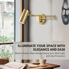 a desk with a lamp on it in front of a window and the words illuminate your space with elegance and ease