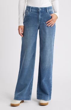 Washed for an edgy look, these corduroy jeans feature full-length wide legs, trouser-style hems and 'Ab'solution powermesh panels that mold and hold. 32" inseam; 22" leg opening; 10 1/2" front rise; 15 1/2 back rise Zip fly with button closure Five-pocket style 98% cotton, 2% spandex Machine wash, tumble dry Imported Casual Corduroy Flare Jeans, Trendy Corduroy Workwear Jeans, Trendy Corduroy Jeans For Work, High Rise Corduroy Jeans, High-rise Corduroy Jeans For Spring, High Rise Corduroy Jeans For Spring, Corduroy Straight Leg Jeans For Work, Relaxed Fit Corduroy Casual Jeans, Casual Mid-rise Corduroy Jeans