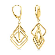 Ross-Simons - Italian 14kt Yellow Gold Interlocking-Square Drop Earrings. Inspired by on-trend geometrics, this elegantly clever pair of 14kt yellow gold drop earrings feature interlocking open squares that move freely and add verve and allure to any ensemble. Hanging length is 1 5/8". Made in Italy. Leverback, 14kt yellow gold interlocking-square drop earrings. Elegant Yellow Gold Geometric Earrings, Formal Yellow Gold Diamond-shaped Earrings, Elegant Gold Geometric Earrings, Elegant Geometric Gold Earrings, Elegant Geometric Pierced Earrings, Modern Jewelry With Lever Back Ear Wires For Anniversary, Modern 14k Gold Diamond-cut Diamond Earrings, Modern Gold Diamond-shaped Earrings, 14k Gold Diamond-shaped Earrings