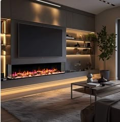 a living room with a large television mounted on the wall next to a fire place