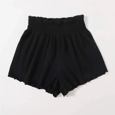 Black Shirred Waist Lettuce Trim Shorts- Size Small- *Brand New/ Never Worn* In Perfect Condition No Flaws Or Defects From Shein Black High Waist Elastic Shorts, High Waist Elastic Black Shorts, Casual Black Elastic Bottoms, Casual Elastic Black Bottoms, Black Stretch Shorts For Summer, Black Solid Color Beach Bottoms, Stretch Black Shorts For Summer, Black High Waist Solid Color Shorts, Casual Black Elastic Shorts