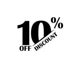 the 10 % off discount sign is shown in black on a white background with an arrow