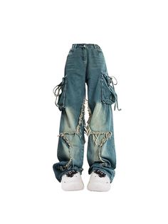 These Pants feature a large raw edge design that connects both legs to form a full star. The faded color and large cargo pockets add a bold and edgy look. Loose fit Elastic waist with belt hoops Fits true to size (U.S. women's size) Distressed Baggy Punk Pants, Grunge Bottoms With Cargo Pockets, Punk Style Distressed Wide Leg Bottoms, Distressed Wide Leg Punk Bottoms, Punk Wide Leg Distressed Pants, Punk Wide-leg Distressed Bottoms, High Waist Grunge Cargo Jeans For Streetwear, Punk Style Distressed Baggy Bottoms, High Waist Cargo Jeans In Grunge Style