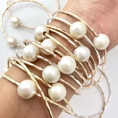 AAA White Pearl Bangle – MishaHawaii Edison Pearls, Pearl Bangle, White Freshwater Pearl, Tahitian Pearls, Bangle Set, Pearl Size, Beautiful Skin, 14kt Gold, White Pearl