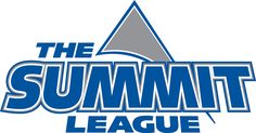 the summit league logo is shown in blue and grey with an arrow on it's side