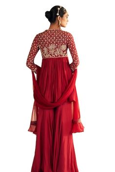 Red full sleeves gathered flare Aliya cut short anarkali with Gulbahar embroidery on the neck yoke and sleeves. Paired with a flared gharara and a an embellished ruffled hem dupatta. - Aza Fashions Traditional Red Floor-length Palazzo Set, Traditional Designer Floor-length Palazzo Set, Short Anarkali, Red Anarkali, Ridhi Mehra, Red Kurta, Embroidered Shorts, Silk Embroidery, Full Sleeves