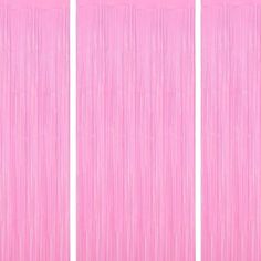 three pink curtains with fringes on the bottom and one in the middle, against a white background