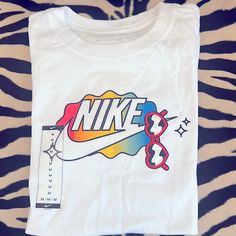 Super Cute T-Shirt W/Heart Glasses Nike Logo - Bright Colors Brand New - Never Worn Nike Retro T-shirt With Letter Print, Retro Nike T-shirt With Letter Print, Cool White T-shirt With Funny Print, Nike Summer Graphic Tee T-shirt, Nike Summer Graphic Tee, Fun White Top With Logo Print, Cool White Tops With Graphic Design, Nike Retro Tops With Letter Print, Trendy Nike T-shirt With Letter Print