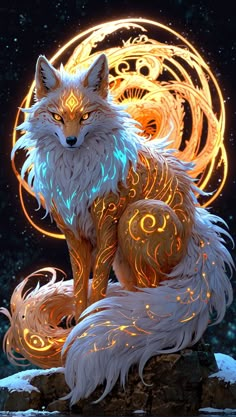 a white fox sitting on top of a rock next to a fire ball in the sky