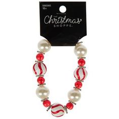 Bead Diameter: 0.38" Size: One Size Fits Most Material: Plastic & Acrylic Color: White, Red, Pearl White & Silver Pattern: Stripes Age Grade: 16+ Quantity: 1 Complement your wintry outfit with this Beaded Peppermint Bracelet! This captivating bracelet features an assortment of round beads like peppermint candy look-a-likes and snowflake accents that will put you in the perfect holiday spirit. Pair this piece with vibrant earrings for a festive look! Christmas Jewelry Diy, Holiday Bracelets, Red Pearl, Festive Look, Christmas Bracelet, Peppermint Candy, Bracelet Diy, Christmas Jewelry, Jewelry Inspo