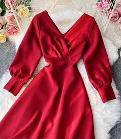 Simple A line v neck dress long sleeve dress Fabric: blended Color: red, green, black, white Size(cm): S, M, L, XL S length 105 bust 80 sleeve length 49 M length 106 bust 84 sleeve length 50 A Line V Neck Dress, V Neck Dress Long Sleeve, Dress Long Sleeve, V Neck Dress, Dress Long, Dress Fabric, Red Green, Sleeve Dress, Long Dress