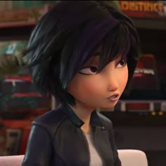 an animated character with black hair sitting on a chair in front of a television screen