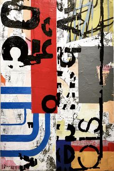 an abstract painting with black, red, yellow and blue letters on it's sides