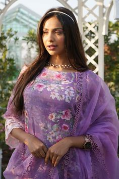 Purple kurta with all-over floral print, insert lace and scalloped lace borders on sleeves. Comes with matching pant, dupatta and inner. - Aza Fashions Kurta Pant Set, Lace Neckline, Kurta With Pants, Lace Border, Scalloped Lace, Pants Pattern, Pant Set, Set For Women, Aza Fashion