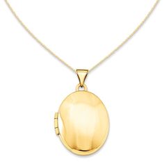 Simple and sleek, this darling locket pendant is a meaningful safe-keeper for special treasures. Fashioned in warm 14K gold, this oval-shaped locket features a bright buffed finish and opens to reveal space for a pair of small photos or mementos. A look she'll love and appreciate, this locket is polished to a brilliant shine and suspends freely along an 18.0-inch rope chain that secures with a spring-ring clasp. Gold Oval Jewelry With Shiny Finish, Oval Yellow Gold Locket Jewelry, Yellow Gold Oval Locket Jewelry, Classic Oval Locket Necklace Stamped 14k, Classic 14k Gold Locket Necklace With Polished Finish, Elegant Gold Oval Link Locket Necklace, Elegant Gold Locket Necklace With Oval Link, Gold Oval Link Locket Necklace With Polished Finish, Yellow Gold Oval Link Locket Necklace