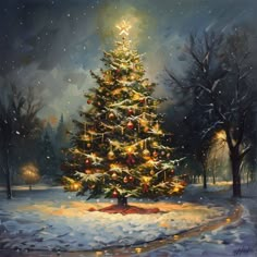 a painting of a christmas tree in the snow at night with lights shining on it