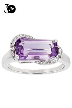 Pre-Owned 3.00ct Rectangular Octagonal Lavender Amethyst With .10ctw White Round Zircon Rhodium Over Sterling Silver Ring. Measures Approximately "L x "W. Not Sizeable. .  This product may be a customer return, vendor sample, or on-air display and is not in its originally manufactured condition.  It may not be new.  In some instances, these items are repackaged by JTV. Accent stones primarily zircon. Purple Baguette Cut Rings For Formal Occasions, Purple Classic Rings With Diamond Accents, Classic Purple Rings With Diamond Accents, Lavender Emerald Cut Rings For Formal Occasions, Formal Lavender Emerald Cut Ring, Lavender Brilliant Cut Rings For Formal Events, Purple Octagon Rings For Anniversary, Fine Jewelry Purple Octagon Rings, Purple Amethyst Rings With Baguette Cut