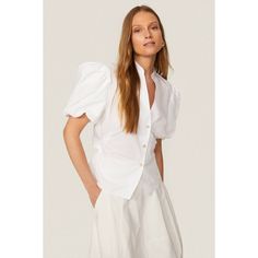 Off-white cotton (100% Cotton). Top. Collared neckline. Short sleeves. Back zipper closure. 25.5" from shoulder to hemline. Imported. White Feminine Blouse With Gathered Sleeves, White Tops With Gathered Sleeves For Daywear, Elegant White Puff Sleeve Top For Spring, Classic White Blouse With Gathered Sleeves, Classic White Tops With Gathered Sleeves, Classic Cotton Puff Sleeve Top For Summer, Classic White Top With Gathered Sleeves, Chic White Tops With Gathered Sleeves, Elegant Summer Cotton Puff Sleeve Top