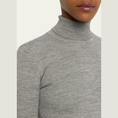 Gabriela Hearst "May" double-knit sweater. Turtleneck. Long sleeves. Slim fit. Pullover style. Wool/silk/cashmere. Imported. Fitted Wool Top With Ribbed Collar, Classic Stretch Wool Tops, Funnel Neck Cashmere Tops For Work, Wool High Neck Fine Knit Top, Merino Wool Fine Knit Turtleneck For Workwear, High Neck Fine Knit Merino Wool Sweater, Gray Merino Wool Top For Fall, Fine Knit Merino Wool Turtleneck For Work, Stretch Wool Sweater In Fine Knit