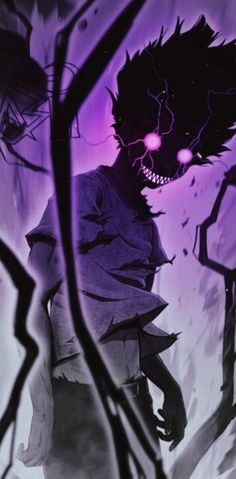 an evil looking man with purple eyes and hair standing in front of a tree filled with branches