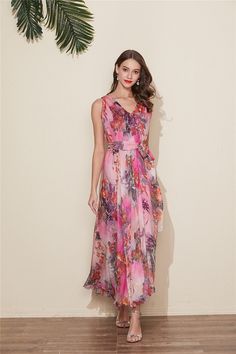 Chiffon V Neck Flower Long Party Dress Evening Wedding Lightweight Sundress Summer Holiday Beach Dress Bridesmaid Dress Maxi Skirt Detail Info: ❤ Color: New pink flower as picture More color choice link: https://www.etsy.com/listing/213656440/chiffon-dress-color-card?ref=shop_home_feat_1 You just note the color number you want with order. ❤ Material: Chiffon ❤ The dress doesn't limit the chest size and waitst size, arm hole 45cm (if your upper arm circle circumference is more than 40cm, please n Spring Wedding A-line Chiffon Dress, Pink A-line Chiffon Bridesmaid Dress, Spring Chiffon Dress For Banquet, Summer Banquet Flowy Maxi Dress, Flowy Maxi Dress For Summer Banquet, Summer Wedding Guest Maxi Dress In Georgette, Summer Wedding Guest Dress With Flowy Skirt, Spring Sleeveless Chiffon Dress For Banquet, Summer Wedding Guest Georgette Maxi Dress