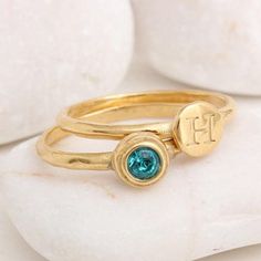 "We love pairing this sweet sentiment of an initial and a birthstone. Perfect for the mother or grandmother of one, or to represent your own initial and birthstone! Also makes a great graduation gift. **This listing is for two 24K gold vermeil rings, one initial ring and one birthstone ring. Each ring has either one letter or one birthstone.** Want more than 2 rings in your stack? Create your own set at this listing: https://www.etsy.com/listing/230748928 These rings are also available in SILVER Stackable Open Ring May Birthstone, Personalized Round Midi Rings For Anniversary, Adjustable Engraved Round Ring With Birthstone, Stackable Initial Ring For Anniversary, Stackable Rings May Birthstone Gift, Stackable Rings As May Birthstone Gift, Stackable May Birthstone Ring For Birthday, Gift Stackable Rings With Bezel Setting For May Birthstone, May Birthstone Stackable Rings For Gift