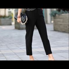 Stretch Dress Pants With Side Pockets Elastic Back Waist Band In Heavy Fabric. Black Ankle-length Dress Pants For Business Casual, Casual Black Dress Pants For Office, Black Office Lady Bottoms For Spring, Black Spring Office Bottoms, Black Spring Bottoms For Office, Elegant Black Pants For Spring, Black Casual Bottoms For Office Wear, Casual Black Bottoms For Office Wear, Elegant Black Dress Pants For Office