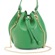 Strap, Detachable Top Carry Handle, Metal Feet 6in W X 8in H Drawcord Closure 1 Interior Slip Pocket Leather Imported, Made In Italy Green Bucket Bag With Gold-tone Hardware, Green Pouch Bag With Gold-tone Hardware, Green Bucket Bag With Removable Pouch, Green Formal Bucket Bag With Detachable Handle, Formal Green Bucket Bag With Removable Pouch, Green Bucket Bag For Evening, Chic Green Bucket Bag, Formal Green Bucket Shoulder Bag, Green Bucket Bag With Adjustable Strap