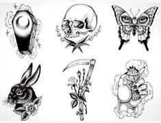 several different tattoos with skulls and flowers on them