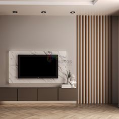 the television is mounted on the wall in the living room with wood flooring and striped walls