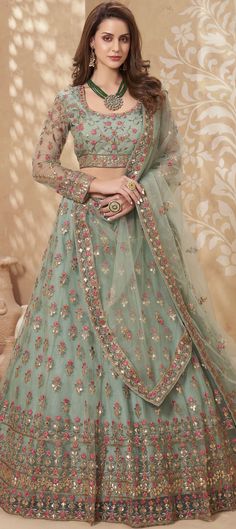 Bridal, Festive, Wedding Green color Lehenga in Net fabric with A Line Embroidered, Stone, Thread work : 1757305 Dori Embroidery, Blue Organza, Lengha Choli, Cadet Blue, Lehenga Style