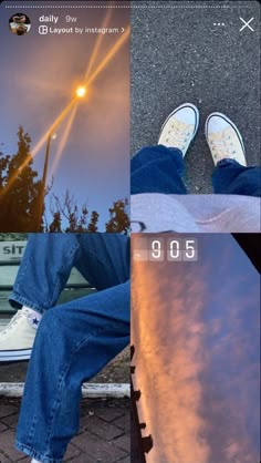 three different shots of someone sitting on a bench with their feet up and the sun shining