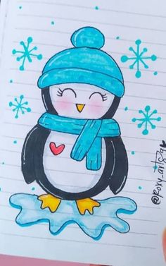 a drawing of a penguin wearing a blue hat and scarf with snowflakes on it