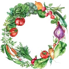 a watercolor drawing of vegetables arranged in a circle