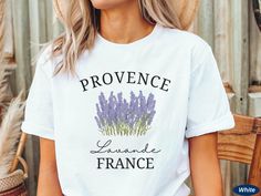 This cute Provence France shirt is the perfect accessory! The design is printed on a soft, unisex Bella+Canvas 3001 short-sleeve tee. Get one t-shirt for yourself or as a gift for your travel-loving friend. DETAILS * Material: 100% combed and ring-spun cotton (Black, White, Navy, Baby Blue) / 52% combed and ring-spun cotton & 48% polyester (Heather Peach) / 90% combed and ring-spun cotton & 10% polyester (Athletic Heather) * Light fabric (4.2 oz/yd² (142 g/m * Text color: white or black (see pho Trendy Lavender Summer T-shirt, Lavender Trendy T-shirt For Summer, Trendy Lavender Short Sleeve T-shirt, Trendy Lavender T-shirt For Summer, Lavender Short Sleeve T-shirt With Graphic Print, Lavender Short Sleeve T-shirt For Summer, Casual Lavender T-shirt With Letter Print, Lavender Crew Neck T-shirt For Summer, Southern France